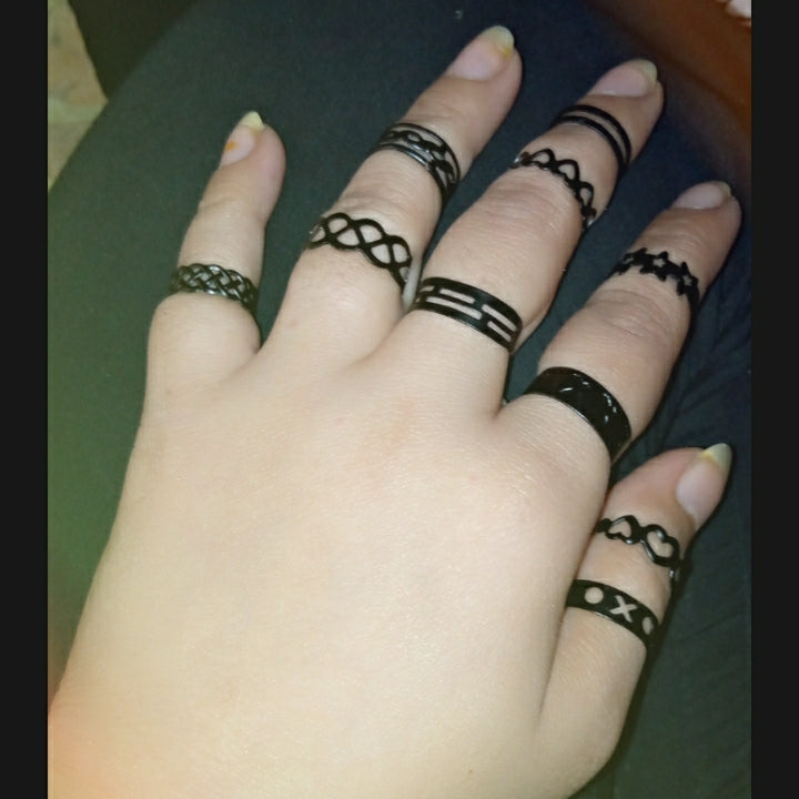 10 Rings - Women Unique Stainless Finger Rings - Adjustable Black Rings