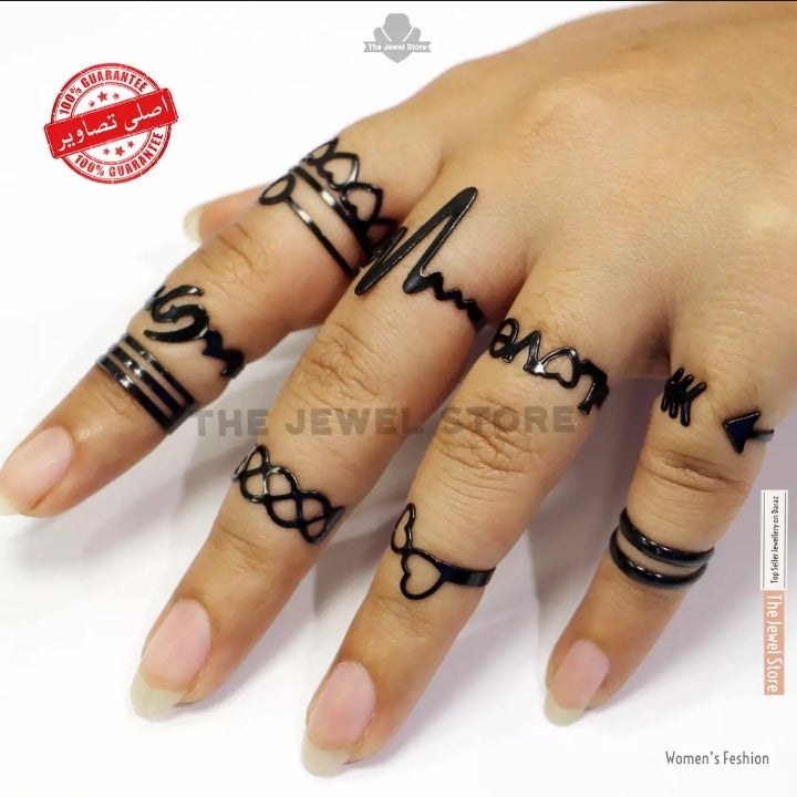 10 Rings - Women Unique Stainless Finger Rings - Adjustable Black Rings