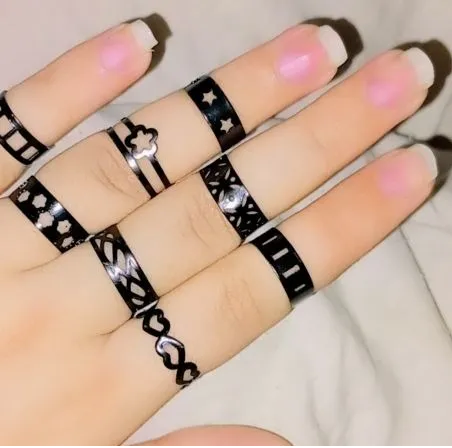 10 Rings - Women Unique Stainless Finger Rings - Adjustable Black Rings