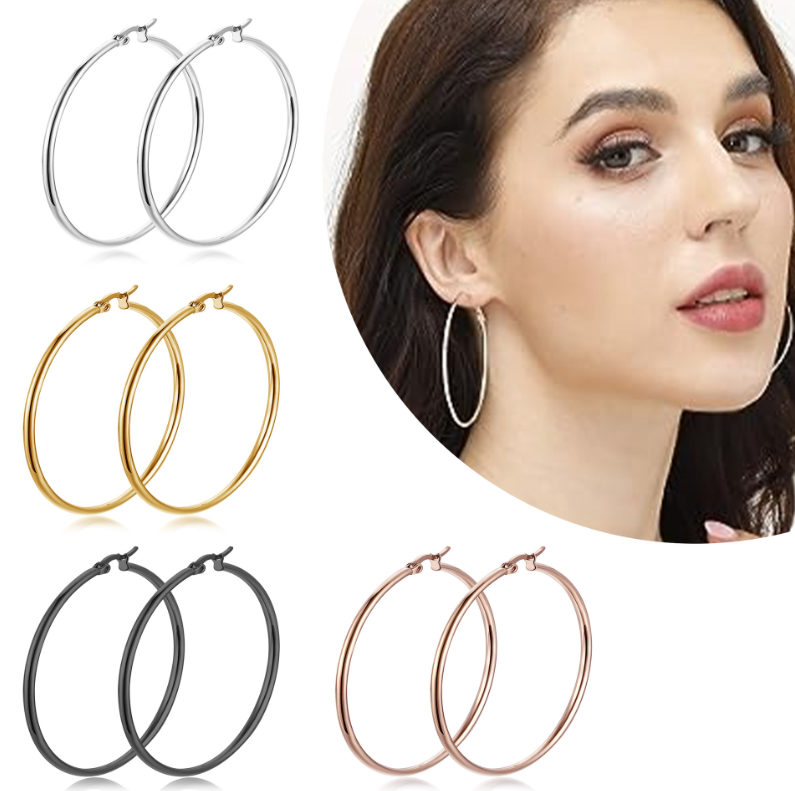 EB 1 Pair Stainless Steel Smooth Big Large Circle Hoop Dangle Earrings Women